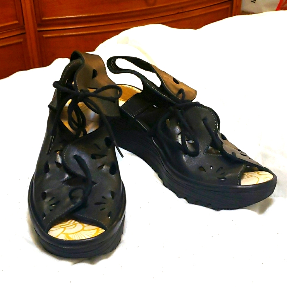 Black lace up platform wedge Sandals  Fly London Size 11